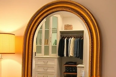 Arched full-length mirror reflecting a closet.